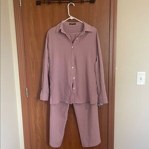 Pink Button-Up Shirt and Pants Set